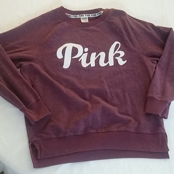 Pink fleece maroon crew-neck long sleeve soft top - Picture 2 of 4